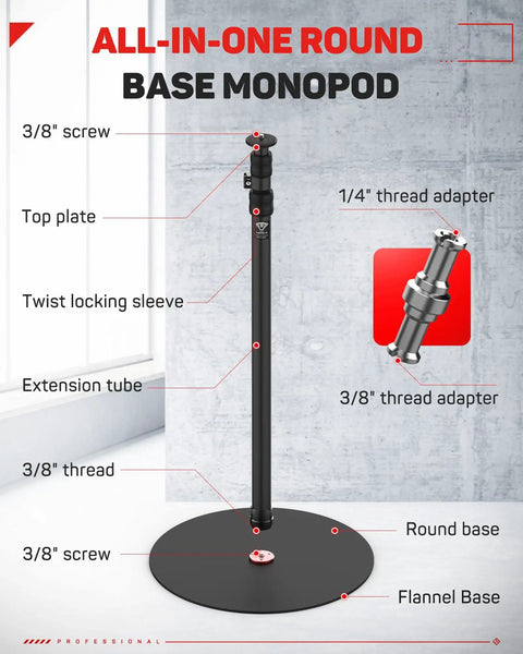 Diagram of round base monopod with labeled parts, including screw threads and adapters, showcasing 79-inch height and flannel base.