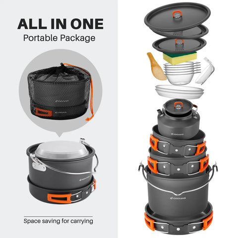 18Pcs Camping Cookware Set With Large Hanging Pots Pan And Kettle Plus Plastic Plates Bowls Spoon Spatula And Sponge for outdoor use