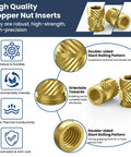High quality copper nut inserts with slant rolling pattern, durable, environmentally friendly, and excellent thermal conductivity.