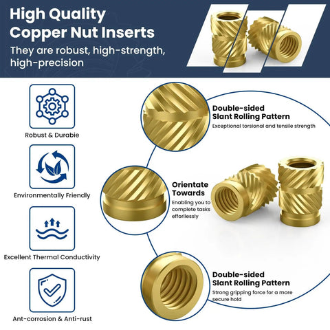 High quality copper nut inserts with slant rolling pattern, durable, environmentally friendly, and excellent thermal conductivity.