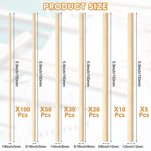 Top Shelf Essentials For 215 Assorted Balsa Wood Sticks And Wooden Dowel Rods One Eighth To Half Inch Round Unfinished Craft Strips, displaying size options.