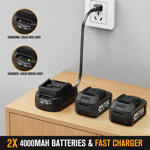 Cordless Leaf Blower 21V Lightweight Yet Powerful Electric Blower With Two 4Ah Batteries And Fast Charger on table
