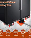 4 Pcs Heavy Duty Furniture Dollies With 360 Degree Spin Wheels And Carbon Steel Build For Easy Moving under a refrigerator.
