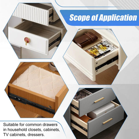 16 Inch Drawer Slides Set For Easy Upgrades, 6 Pairs Full Extension Ball Bearing Rails, Side Mount Heavy Duty 100 Lb Capacity Metal Runners, Zinc Plated Steel Black Finish used in different types of drawers and cabinets.