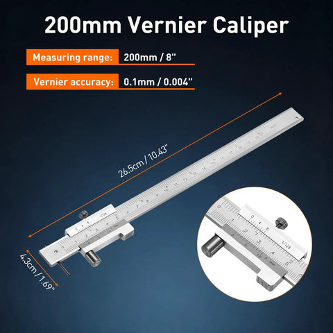 Vernier Caliper 0-8 Inch and 0-200 MM Stainless Steel Dual Scale with Carbide Scriber, 0.004 Inch 0.1 MM Precision close-up