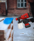 Cordless HVLP Paint Sprayer For Milwaukee 18v Battery Tool Only, 200w Brushless Motor handheld spray gun in action on blue wood.
