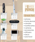 Double Wall Outlet Shelf With Cord Storage Strap To Declutter And Free Up Counter Space, Ideal For Alexa Echo Dot Or HomePod, toothbrush holder, bathroom and bedroom organization, white 1 pack displayed with various devices and items.