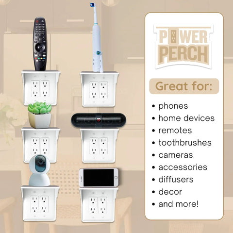Double Wall Outlet Shelf With Cord Storage Strap To Declutter And Free Up Counter Space, Ideal For Alexa Echo Dot Or HomePod, toothbrush holder, bathroom and bedroom organization, white 1 pack displayed with various devices and items.