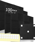 100 Pack Soundproof Foam Panels For Walls, 12x12 Inch Acoustic Tile showing black foam panels and adhesive dots for noise reduction.