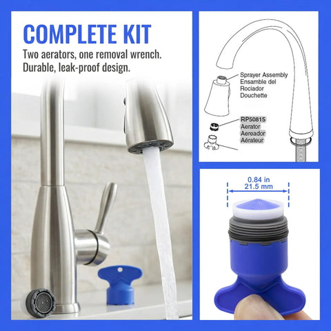 Two Pack Faucet Aerator Replacement For RP53998 Comes With Removal Wrench M21.5 Thread And 2.2 Gpm Water Flow Control showing kit contents.