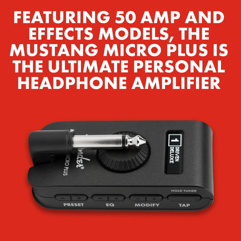 Mustang Micro Plus Headphone Amplifier With Bluetooth Streaming, showcasing compact design and integrated display.