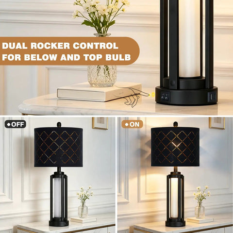 Dope 28 Inch Tall Modern Table Lamps Set Of 2 For Living Room And Bedroom Black Industrial Metal Frame With Warm Glow Night Light Easy Lampshade Assembly USB A And Type C Charging Ports, black lamp with dual rocker controls and warm light