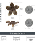 Product dimensions of Four Pack Two Point Four Inch Antique Brass Flower Cabinet Knobs With Vintage Floral Drawer Pulls, shown with measurement and screws included.