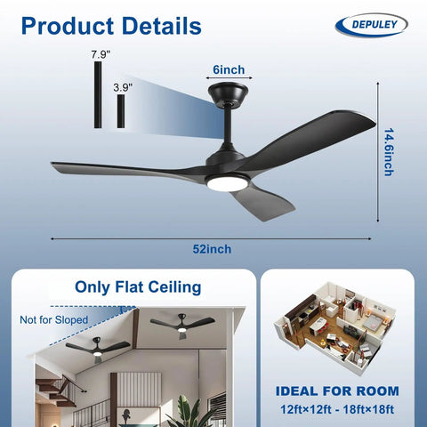 52 Inch Ceiling Fan With Light Black Three Blade Indoor And Outdoor Remote Control Dimmable Light Ultra Quiet DC Motor
