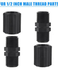 Four black plastic half inch double female thread pipe couplings for sprinkler and irrigation systems, NPT threaded fittings