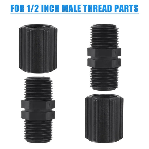Four black plastic half inch double female thread pipe couplings for sprinkler and irrigation systems, NPT threaded fittings