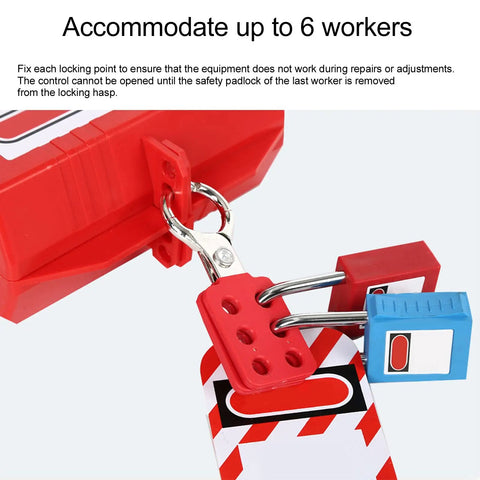 Pro Grade Red Lockout Hasp Set 10 Pack, 25mm Safety Tagout Solution showing 6-hole design for multiple users at worksites