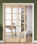 Preassembled Solid Spruce Wood Double Sliding Closet Doors Set With Bypass Hardware Track Kit 60 Inch By 80 Inch Two 31 Inch Tempered Clear Glass Panels Barn Door Slab for interior pantry kitchen