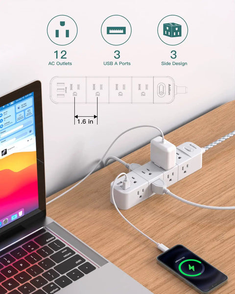 Surge Protector Power Strip With Twelve Outlets And Three USB Ports, Five Foot Extension Cord, Flat Plug, Wall Mount, ETL Listed, Space Saving Outlet Extender For Dorm, Home Office Or Workshop
