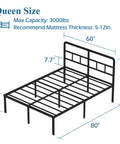 Built Tough 18 Inch Queen Metal Bed Frame With Attached Headboard dimensions and specifications on a dark background.
