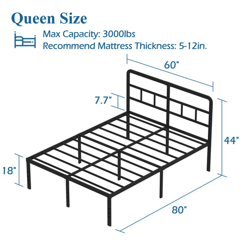 Built Tough 18 Inch Queen Metal Bed Frame With Attached Headboard dimensions and specifications on a dark background.