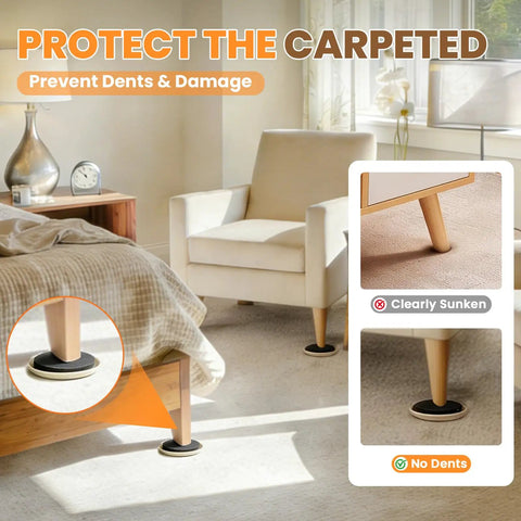 Heavy Duty Furniture Sliders For Carpet 24 Pack, 3.5 Inch Round Glides under furniture legs on carpet preventing dents and damage.