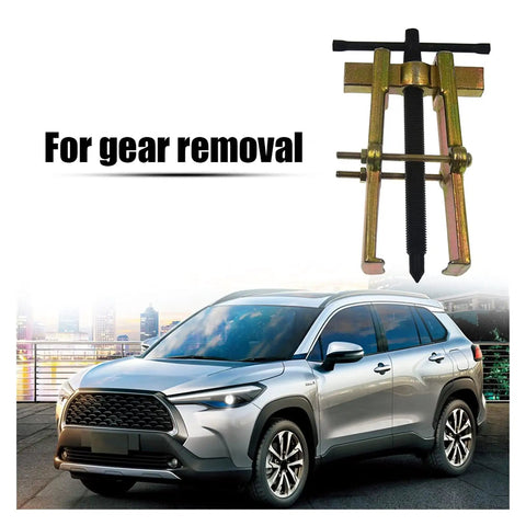 Premium Heavy Duty Two Claw Gear Puller And Bearing Extractor with adjustable handles for gear removal, shown with a car backdrop.