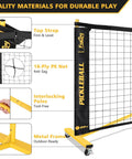 Wheeled Pickleball Net Set With Regulation 22 Foot And 11 Foot Half Court Sturdy Metal Frame Easy Carry Bag For Backyards Driveways And Garages Black And Yellow, showing close-up of metal frame, PE net, and interlocking poles.