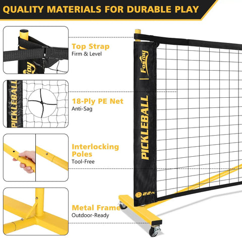Wheeled Pickleball Net Set With Regulation 22 Foot And 11 Foot Half Court Sturdy Metal Frame Easy Carry Bag For Backyards Driveways And Garages Black And Yellow, showing close-up of metal frame, PE net, and interlocking poles.