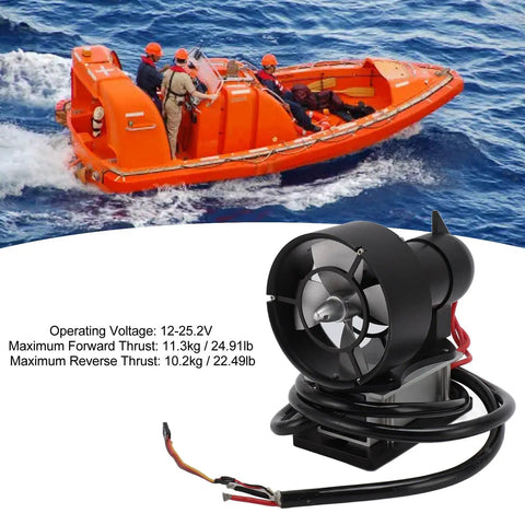 Hard Hitting RC Boat Thruster With 11Kg Thrust, 4 Blade Aluminum Alloy Prop, Built In Controller, shown next to an orange lifeboat