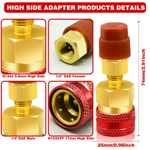 R1234yf To R134a Adapter Kit For Car AC Systems, red high side quick coupler with brass body, detailed dimensions and features
