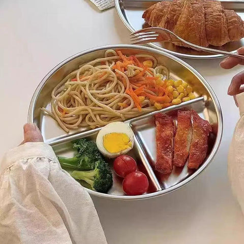 Portion Control Plates For Grownups, Stainless Steel Divided Dinner Plates For Weight Loss And Diabetic Diets, Unbreakable 9 Inch Round Metal Dish