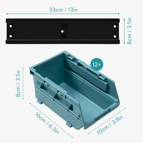 Interlocking Plastic Storage Bins Set With Wall Mounted Rails For Screws Nails Small Tool Parts In The Workshop Garage Drawer Organizer Includes 12 Bins And 3 Rails To Keep Your Workspace Neat And Ready For DIY Projects, measuring dimensions in cm and inches