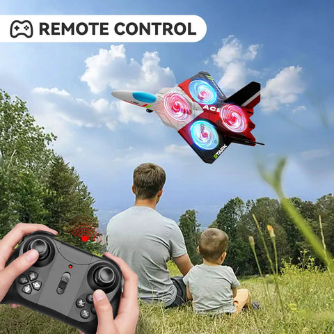 RC Plane With 1080P Camera For Adults And Kids flying in park, man and child watching, remote control in hand, FPV Live View