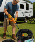 Man using Heavy Duty 200 Ft Outdoor Extension Cord With 14 Gauge 3-Conductor SJTW, Lighted End And Triple Outlet, RV setup