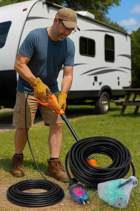 Man using Heavy Duty 200 Ft Outdoor Extension Cord With 14 Gauge 3-Conductor SJTW, Lighted End And Triple Outlet, RV setup
