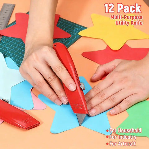 12 Pack Bulk Retractable Utility Knives Heavy Duty Aluminum Box Cutters For Cardboard Plastic Cartons DIY Projects Home Office Warehouse Red Handles Great For Packaging Opening And Crafting, red utility knife cutting paper