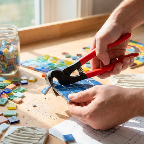 8 Inch Tile Nippers Heavy Duty Glass Mosaic Cutter Pliers With Ergonomic Handle Your Go To Tool For Ceramic Tile Porcelain Mirror Stained Glass And Mosaic Cuts End Nipper Tools For DIY Projects. Hand using red 8-inch tile nippers on blue mosaic tiles