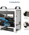 Straight Up Slick 6U Mini Server Rack 10 Inch Desktop Network Cabinet with translucent sides and grip handles showing SBC shelf and mounting brackets.