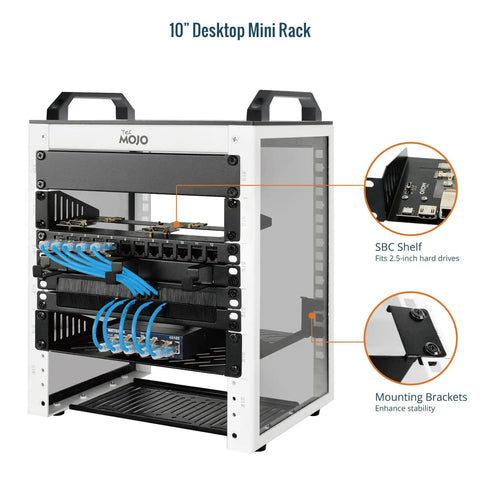Straight Up Slick 6U Mini Server Rack 10 Inch Desktop Network Cabinet with translucent sides and grip handles showing SBC shelf and mounting brackets.
