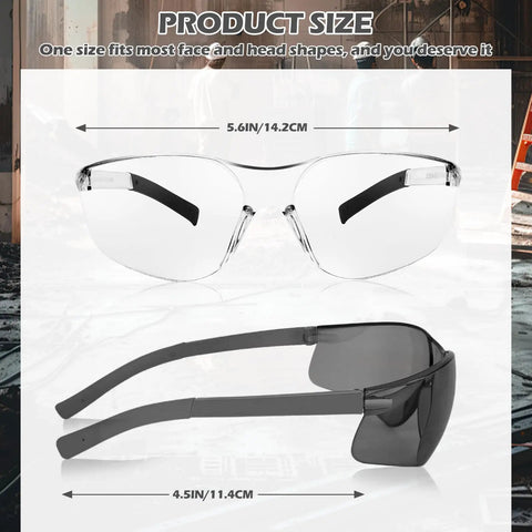 Bulk 150-Pack Safety Glasses To Stock Up The Squad, two styles with clear and grey lenses, showing measurements for universal fit.