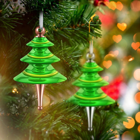Kick Start Your Festive Craft Game With This 20 Piece Diy Christmas Tree Ornament Woodturning Kit Featuring Smooth Multicolored Wooden Tubes That Are A Straight Up Game Changer For Making Hella Awesome Xmas Decor And Tree Hangings - Green glass tree ornaments hanging on pine.