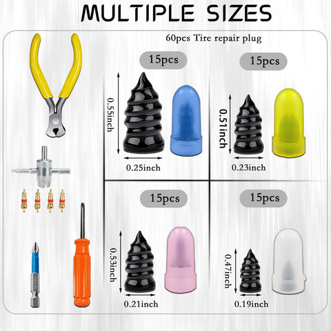 60 Piece Tire Repair Kit With 4 Sizes Rubber Nails And Plugs For Easy DIY Tire Fix On Cars Bikes And Trucks Vacuum Nail Set Includes Screwdriver Bits And Valve Tool For Quick Self Service Repairs
