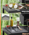 Before and after of Silicone Griddle Tools Mat For Blackstone Griddles Outdoor Grill Side Shelf Organizer with seasoning jars on grill.
