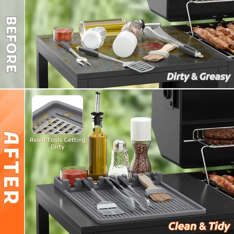 Before and after of Silicone Griddle Tools Mat For Blackstone Griddles Outdoor Grill Side Shelf Organizer with seasoning jars on grill.
