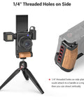L-Shape Bracket Wooden Grip With Cold Shoe for Sony ZV1, showing side view with tripod attachment options.