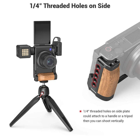 L-Shape Bracket Wooden Grip With Cold Shoe for Sony ZV1, showing side view with tripod attachment options.