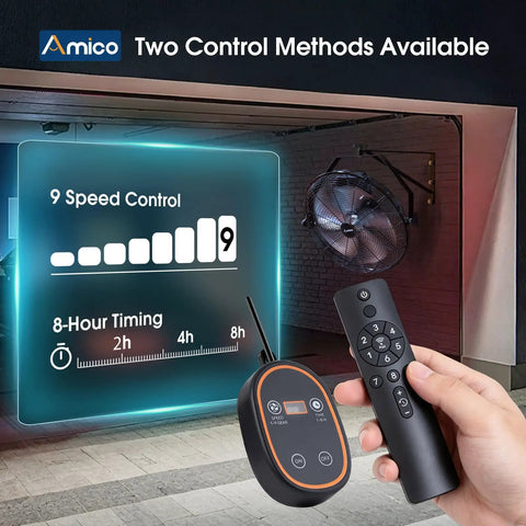Remote control showing 9-speed settings with 18 Inch Wall Mount Fan With Remote Workhorse 9 Speed High Velocity Brushless DC Motor