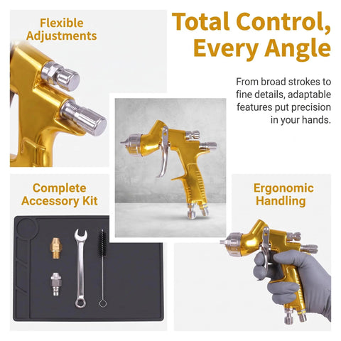 Smooth Operator Gold Toned Pneumatic Hvlp Paint Spray Gun With 1.3Mm And 1.8Mm Stainless Steel Nozzles and 600Ml Cup for precise automotive paint applications.