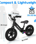 Black Kids Electric Balance Bike BK1 with 12 inch tires, 150W peak motor, lightweight 20 lb frame, adjustable seat, dimensions labeled